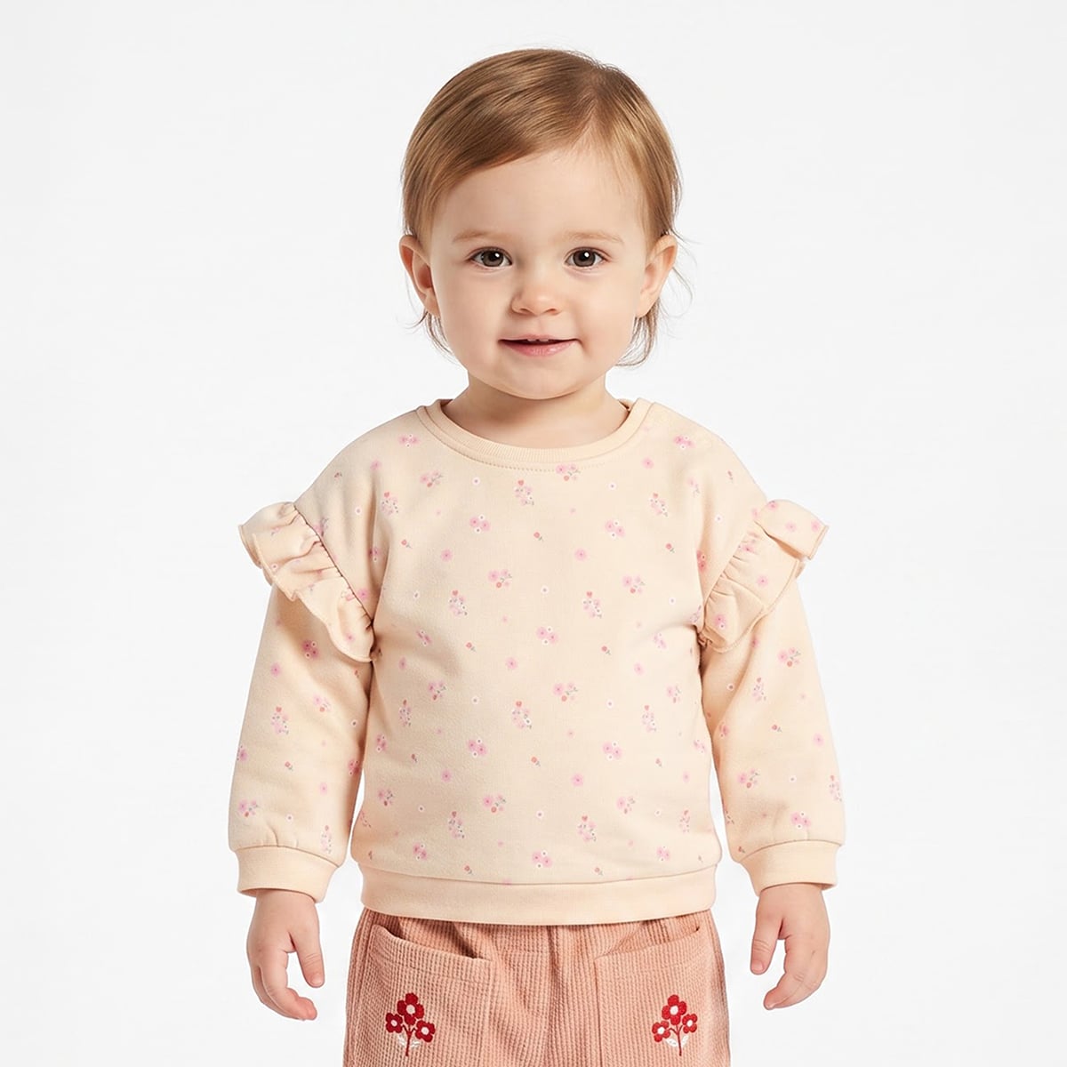 Baby Girls Peach Cotton Floral Printed Sweatshirt with Ruffle Detail Regular Fit Casual Wear