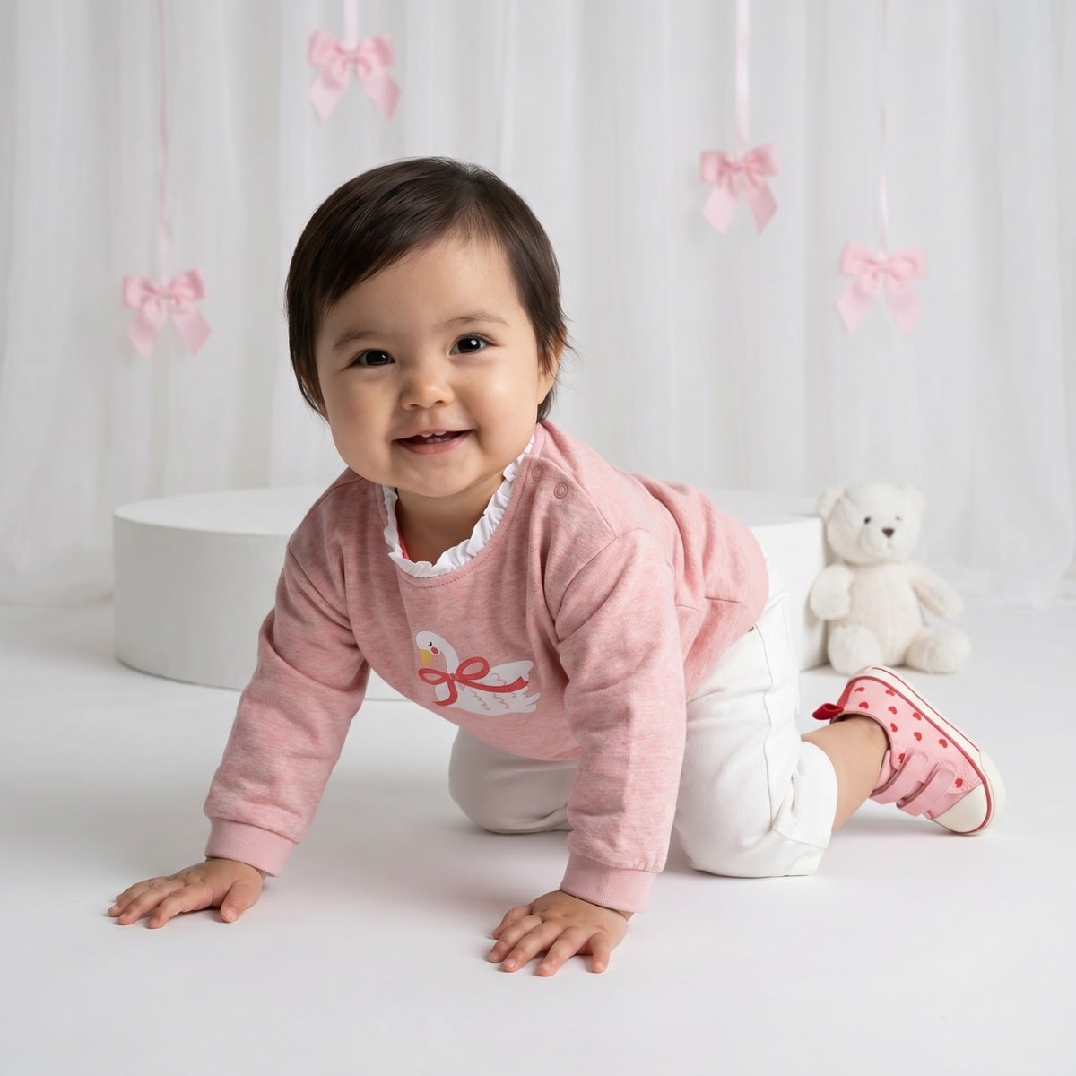 Baby Girls Pink Cotton Blend Swan Print Sweatshirt Regular Fit Casual Wear