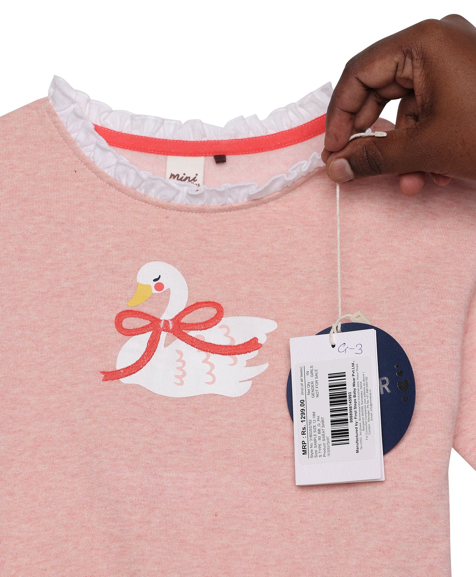 Baby Girls Pink Cotton Blend Swan Print Sweatshirt Regular Fit Casual Wear
