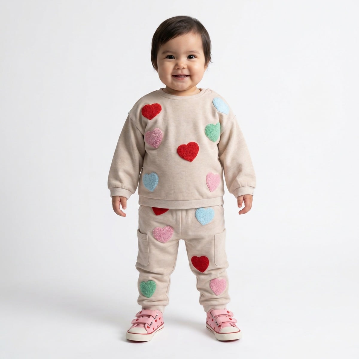Baby Girls Beige Cotton Blend Heart Applique Sweatshirt Regular Fit Casual Wear