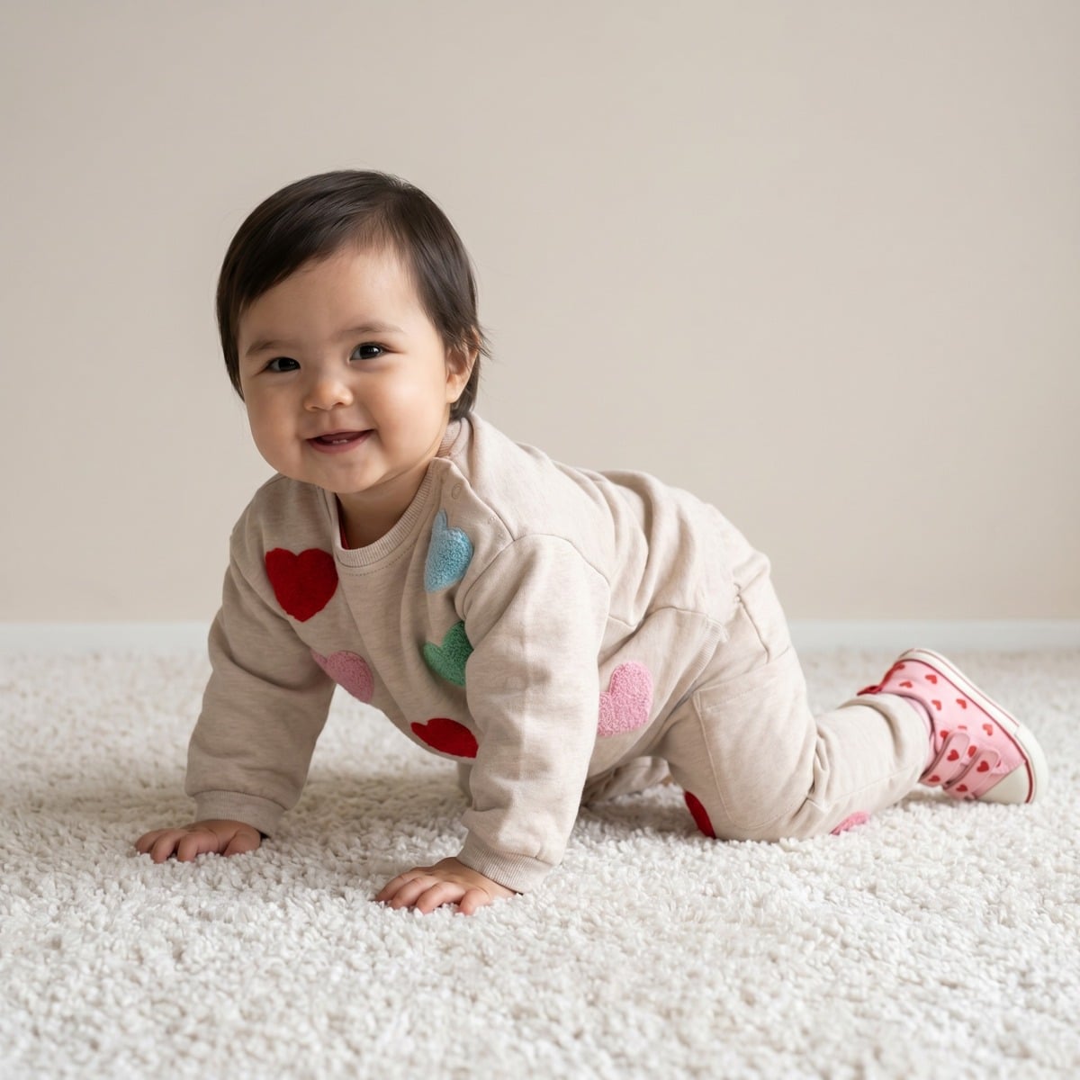 Baby Girls Beige Cotton Blend Heart Applique Sweatshirt Regular Fit Casual Wear