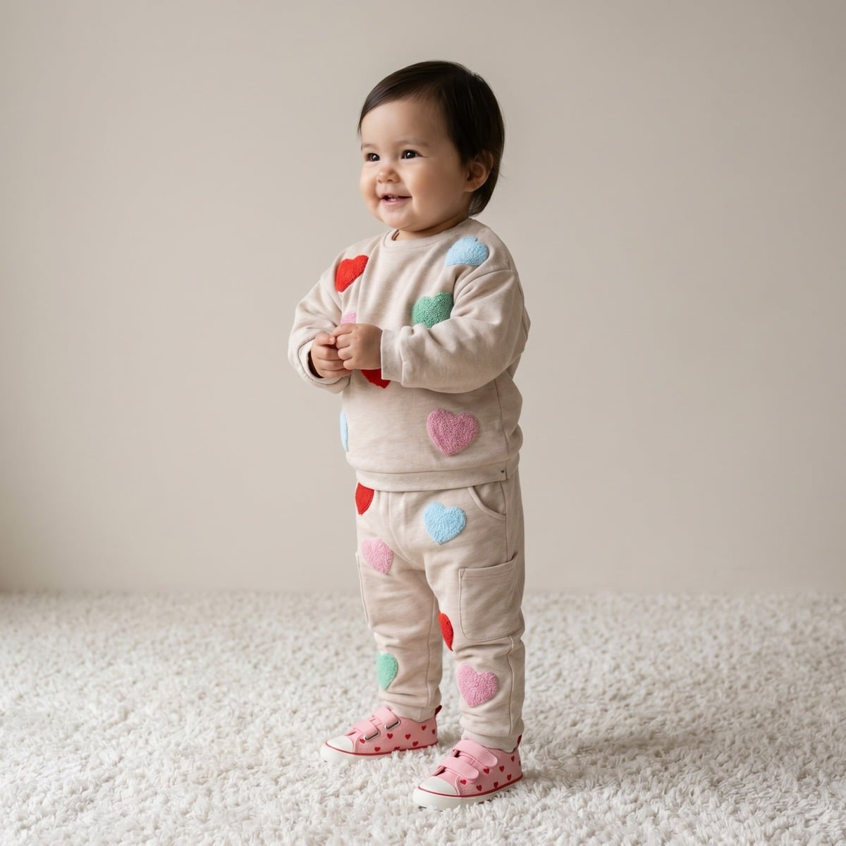 Baby Girls Beige Cotton Blend Heart Applique Sweatshirt Regular Fit Casual Wear