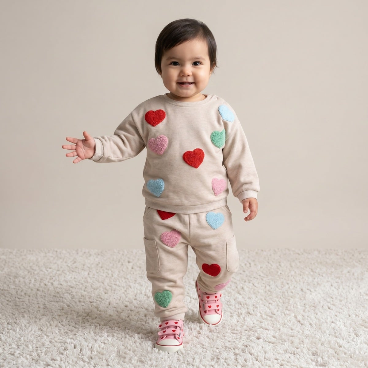 Baby Girls Beige Cotton Blend Heart Applique Sweatshirt Regular Fit Casual Wear