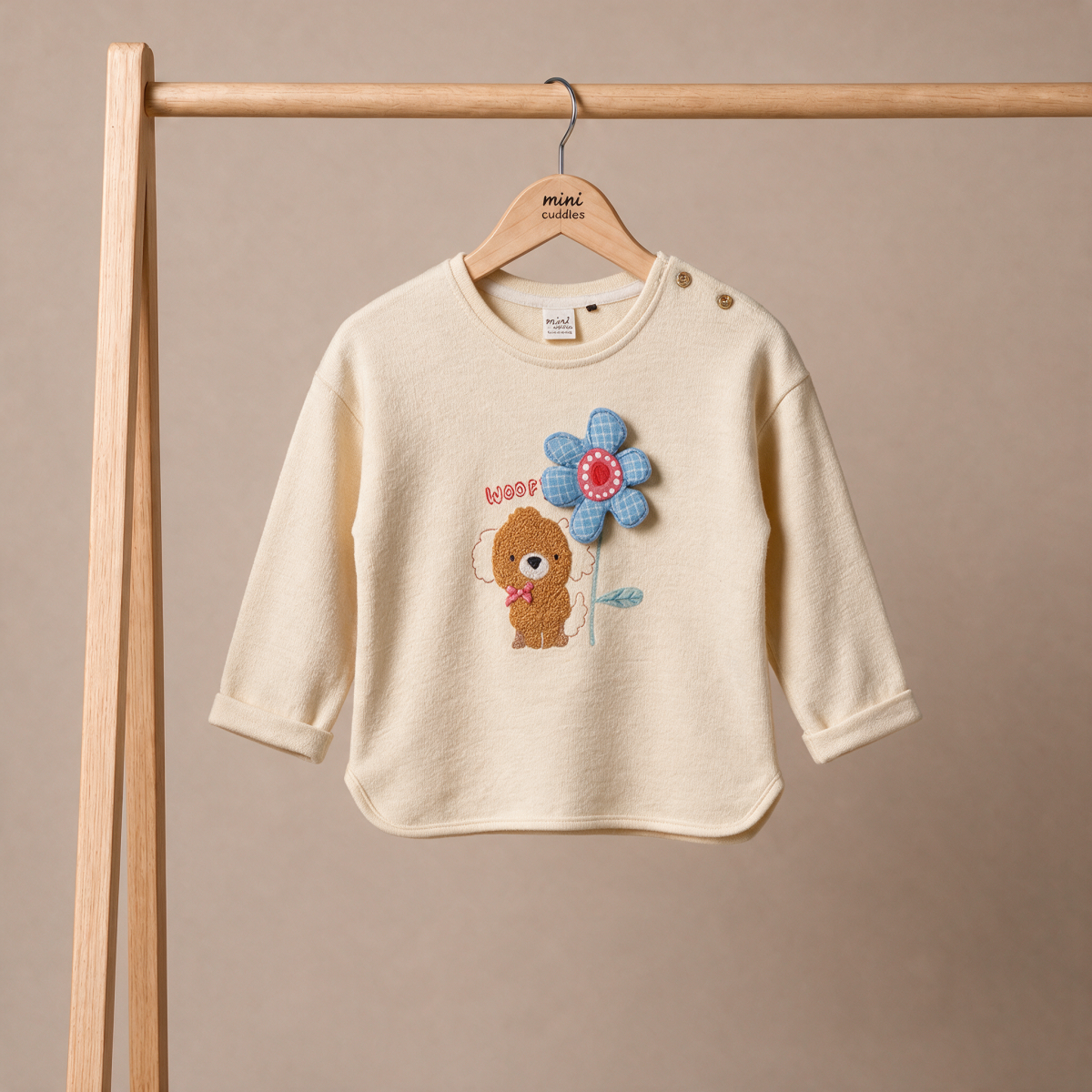 Baby Girls Cream Cotton Blend Puppy And Flower Applique Sweatshirt Regular Fit Casual Wear