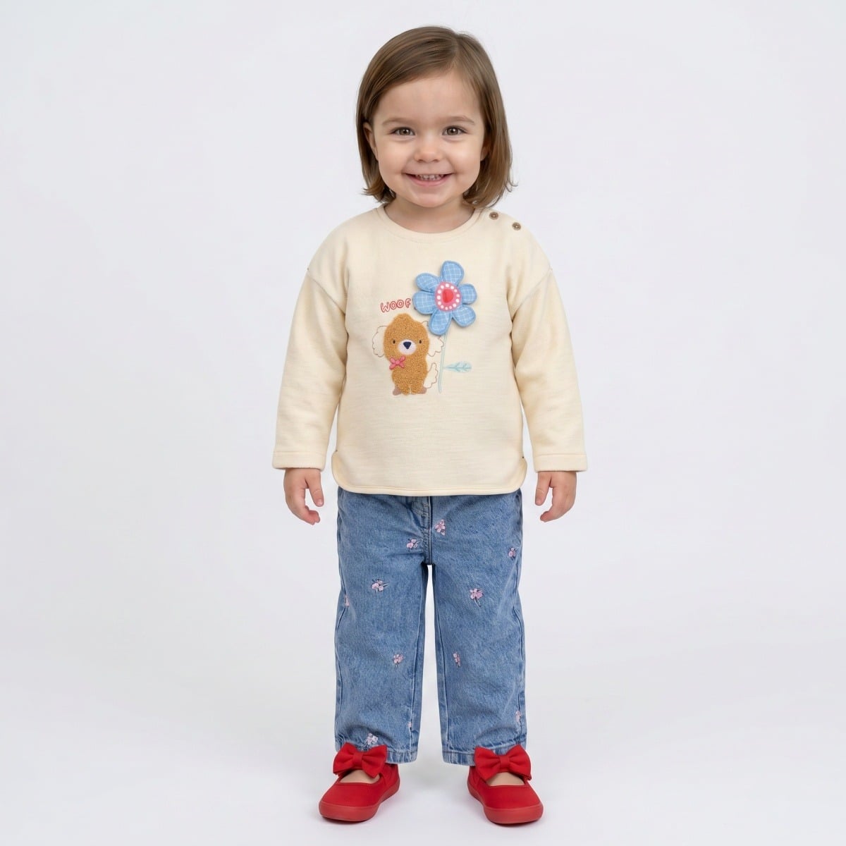 Baby Girls Cream Cotton Blend Puppy And Flower Applique Sweatshirt Regular Fit Casual Wear