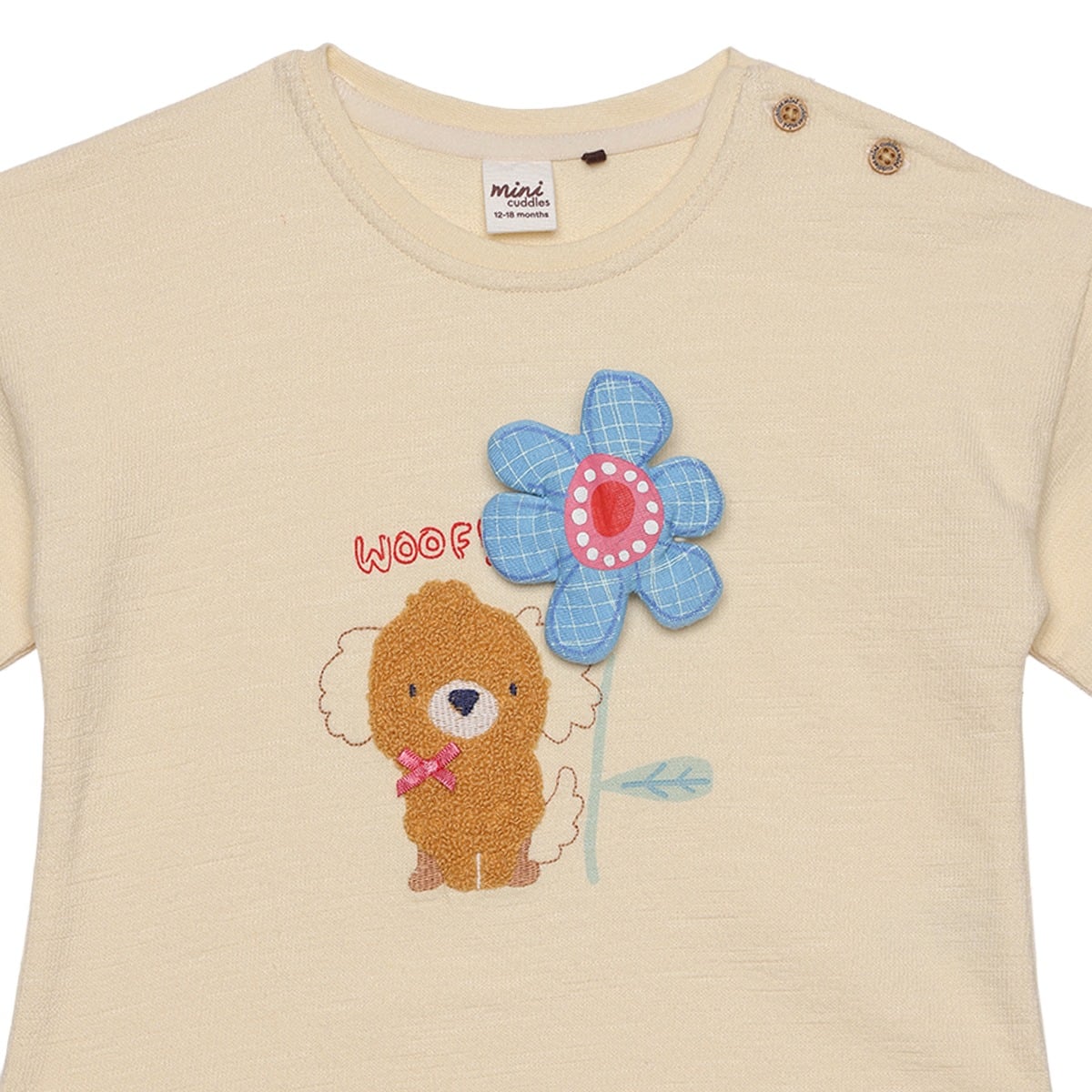Baby Girls Cream Cotton Blend Puppy And Flower Applique Sweatshirt Regular Fit Casual Wear