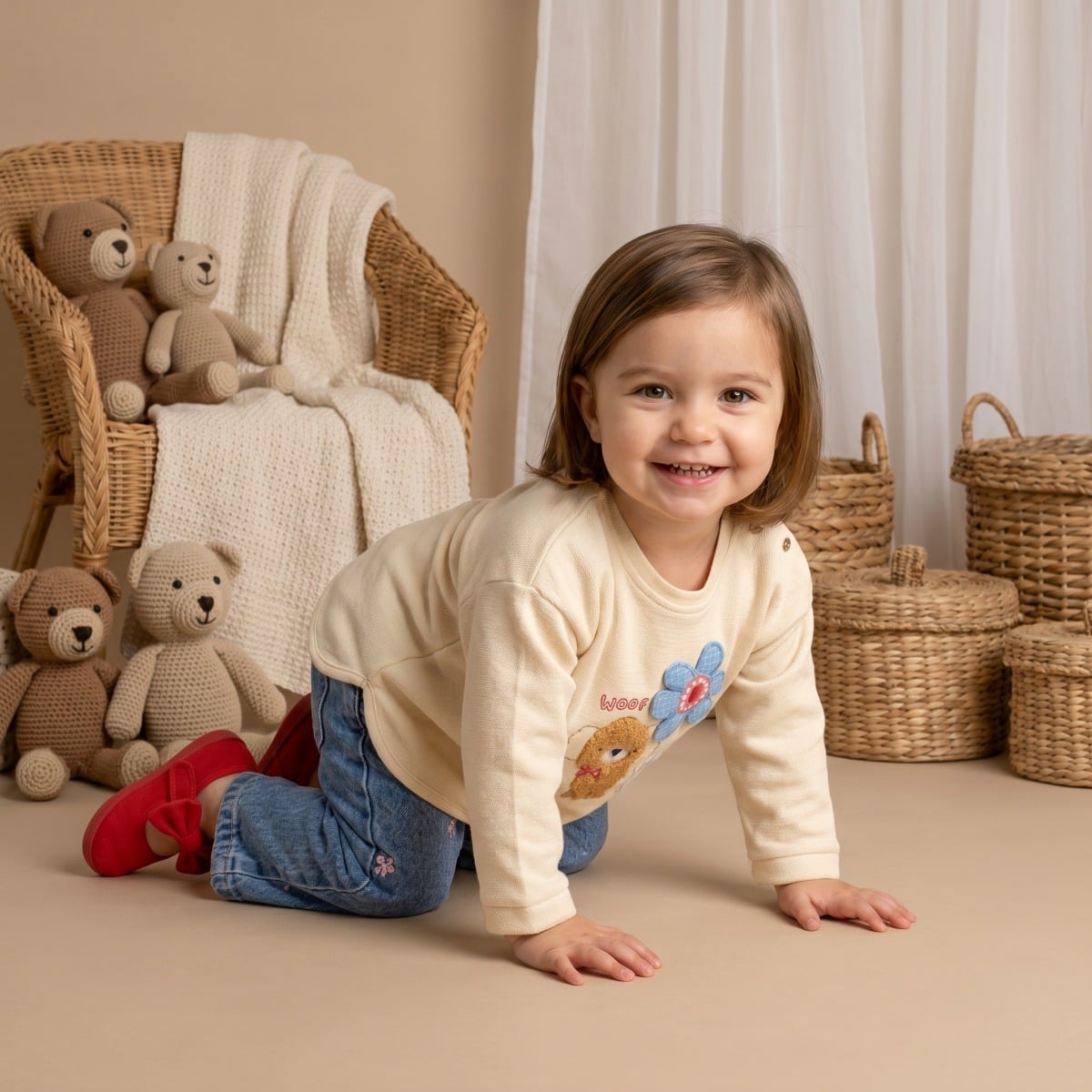Baby Girls Cream Cotton Blend Puppy And Flower Applique Sweatshirt Regular Fit Casual Wear