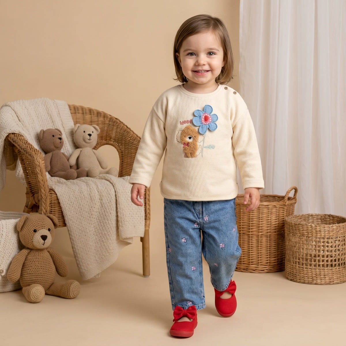 Baby Girls Cream Cotton Blend Puppy And Flower Applique Sweatshirt Regular Fit Casual Wear