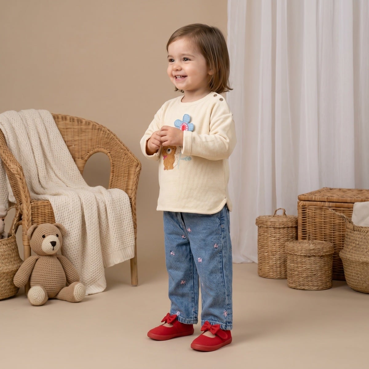 Baby Girls Cream Cotton Blend Puppy And Flower Applique Sweatshirt Regular Fit Casual Wear