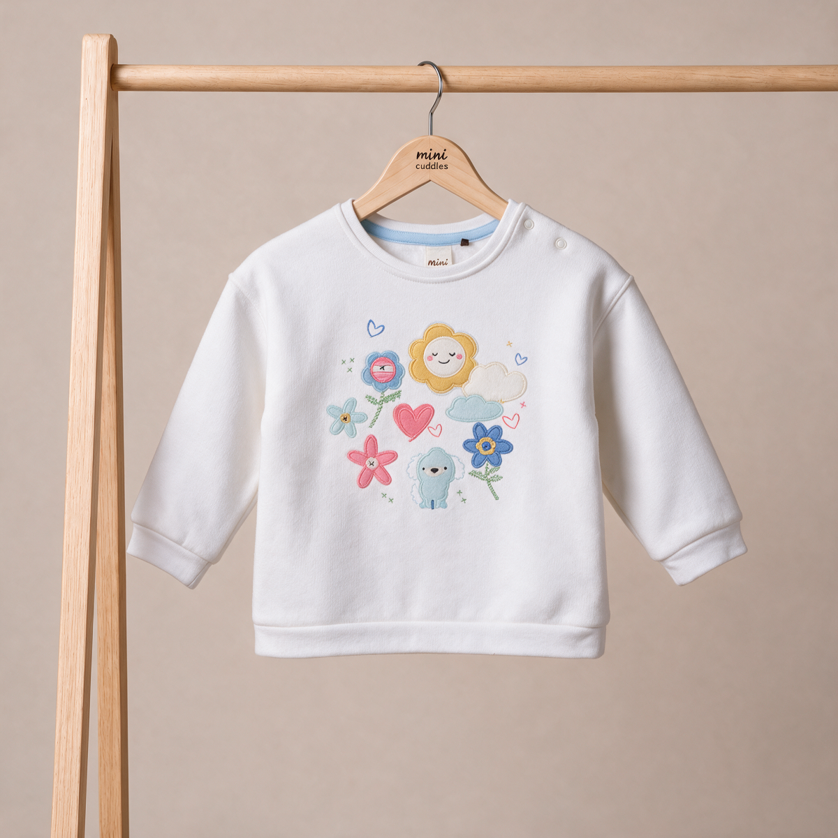 Baby Girls White Cotton Blend Floral And Puppy Applique Sweatshirt Regular Fit Casual Wear