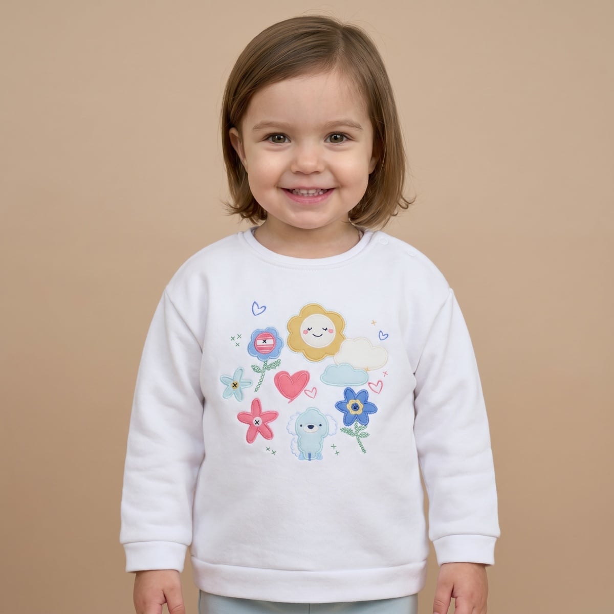 Baby Girls White Cotton Blend Floral And Puppy Applique Sweatshirt Regular Fit Casual Wear