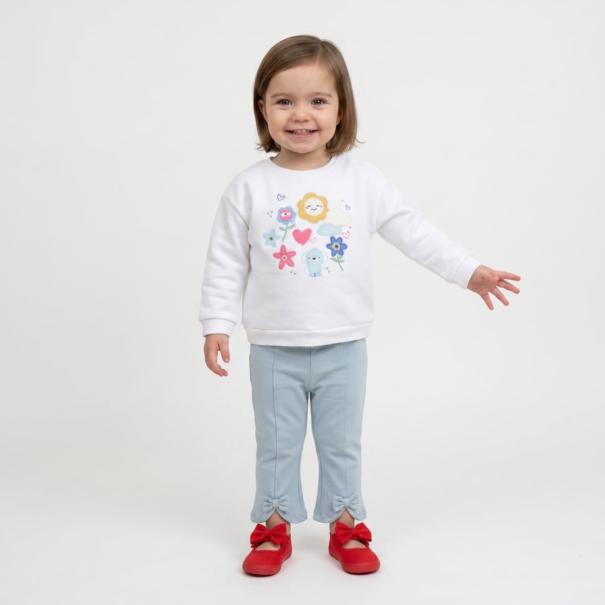 Baby Girls White Cotton Blend Floral And Puppy Applique Sweatshirt Regular Fit Casual Wear
