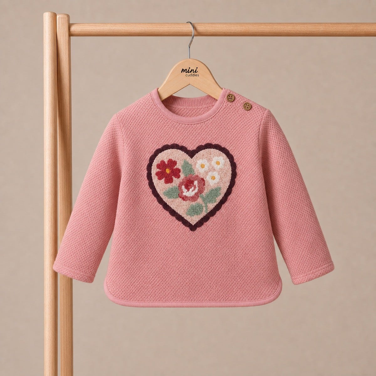 Baby Girls Dusty Pink Cotton Blend Floral Heart Embroidered Textured Sweatshirt Regular Fit Casual Wear
