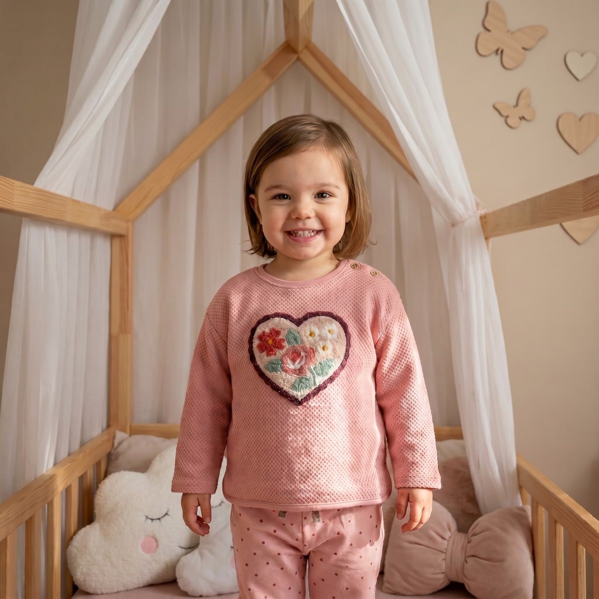 Baby Girls Dusty Pink Cotton Blend Floral Heart Embroidered Textured Sweatshirt Regular Fit Casual Wear