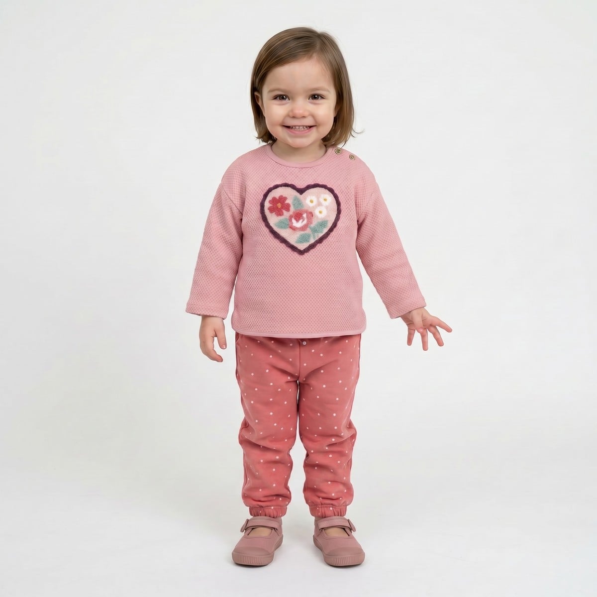 Baby Girls Dusty Pink Cotton Blend Floral Heart Embroidered Textured Sweatshirt Regular Fit Casual Wear