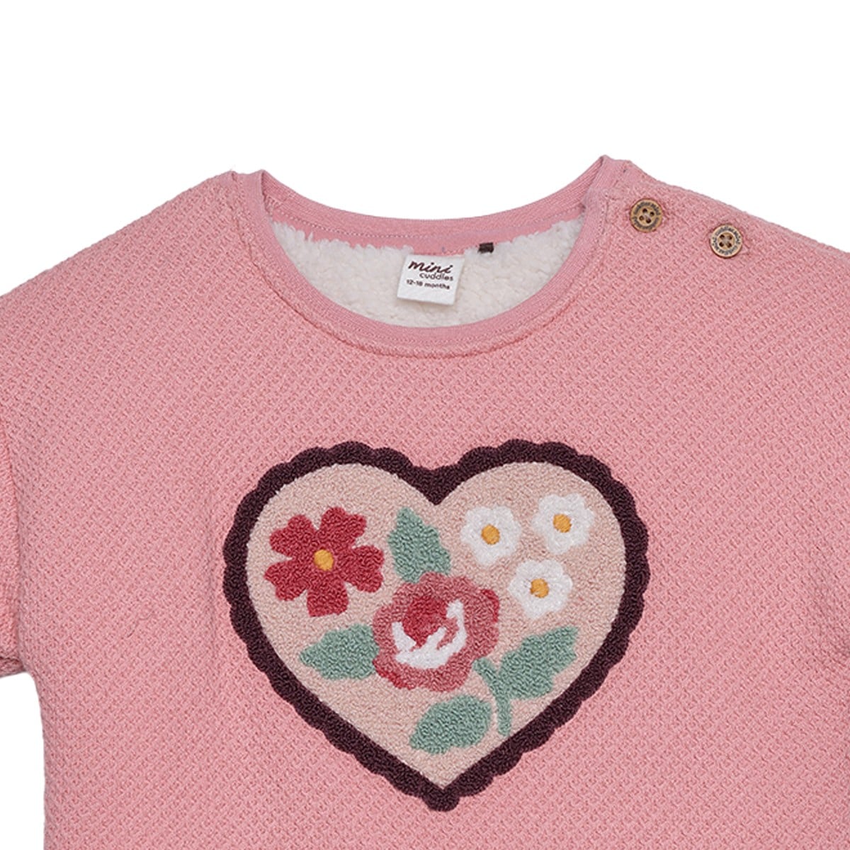 Baby Girls Dusty Pink Cotton Blend Floral Heart Embroidered Textured Sweatshirt Regular Fit Casual Wear