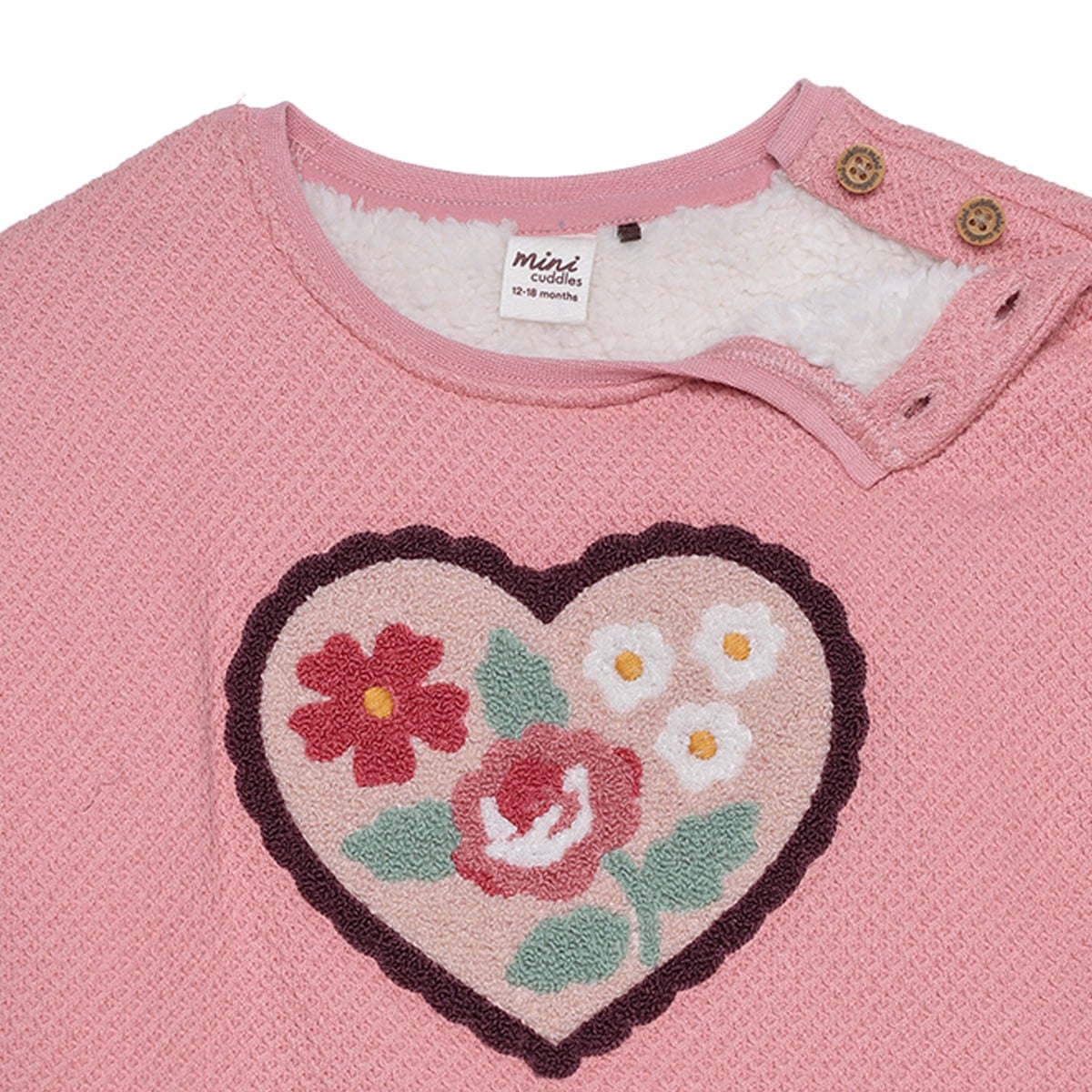 Baby Girls Dusty Pink Cotton Blend Floral Heart Embroidered Textured Sweatshirt Regular Fit Casual Wear