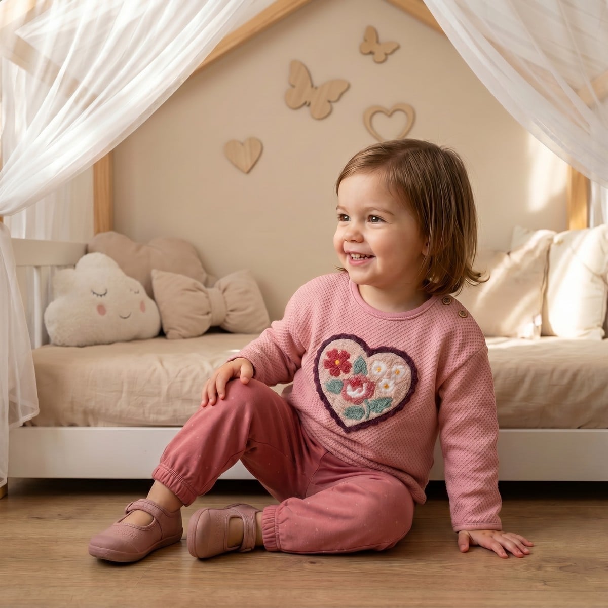 Baby Girls Dusty Pink Cotton Blend Floral Heart Embroidered Textured Sweatshirt Regular Fit Casual Wear