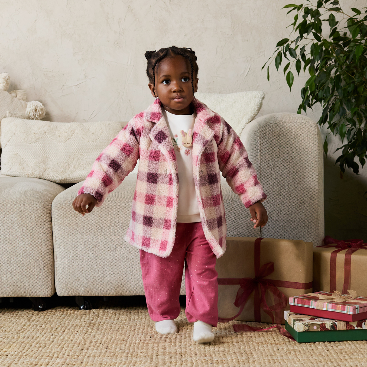 Girls Pink Cream and Burgundy Checked Plush Coat Double Breasted