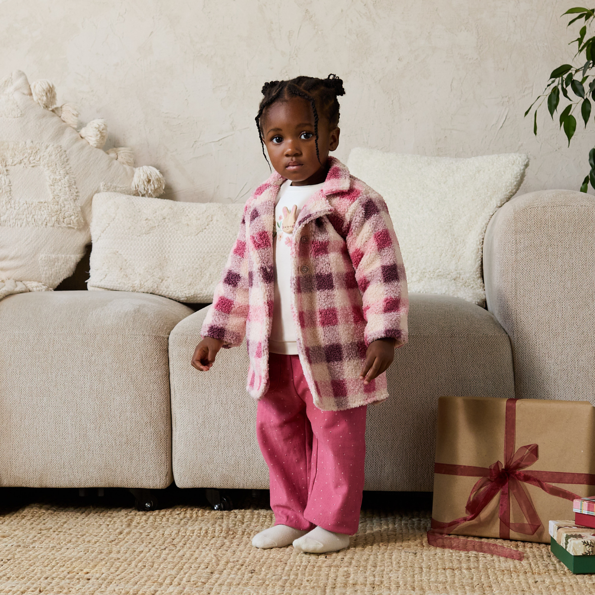 Girls Pink Cream and Burgundy Checked Plush Coat Double Breasted