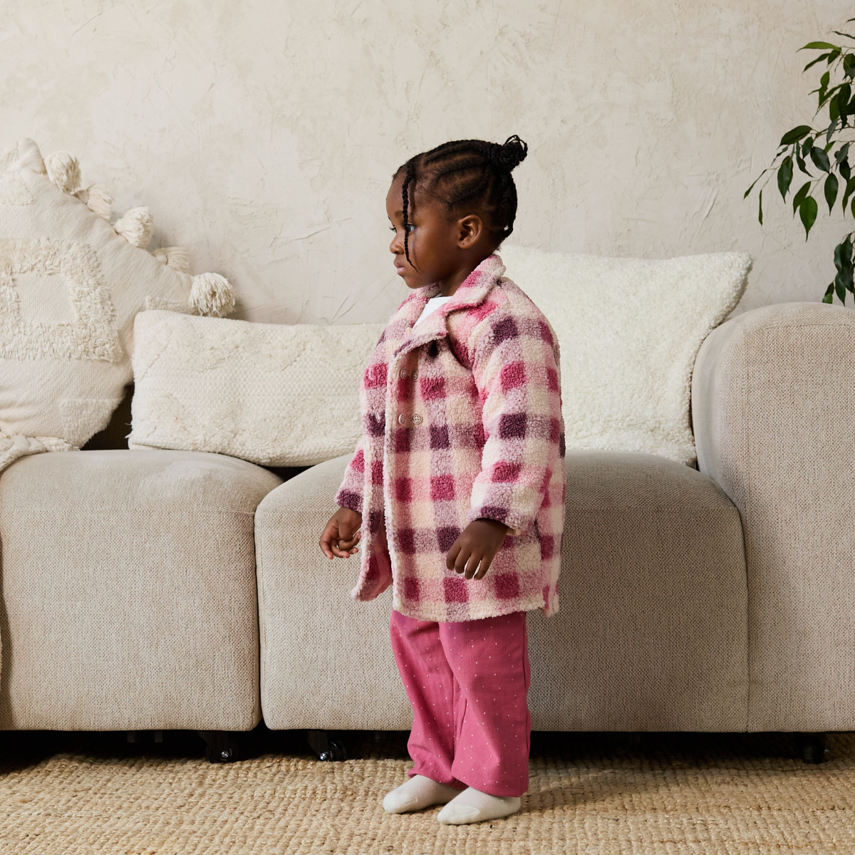Girls Pink Cream and Burgundy Checked Plush Coat Double Breasted