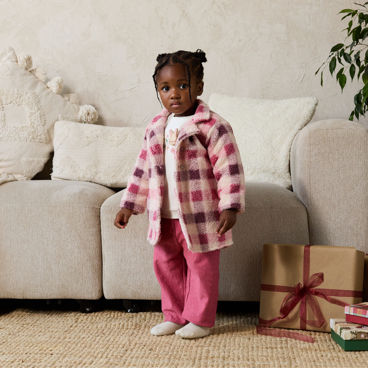 Girls Pink Cream and Burgundy Checked Plush Coat Double Breasted