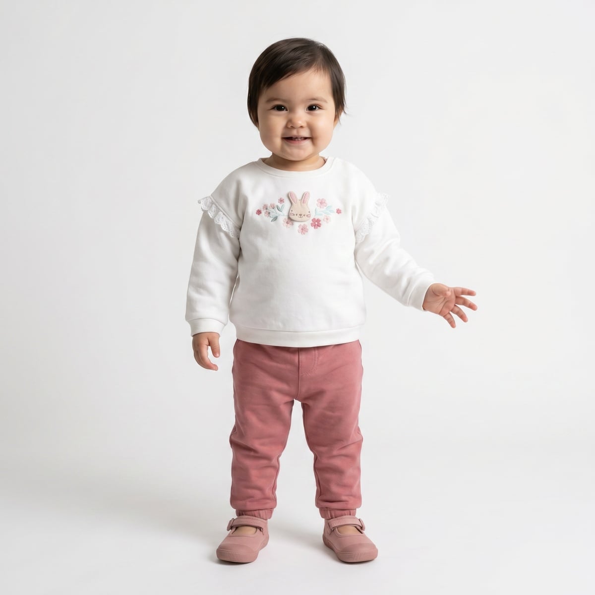 Baby Girls White Cotton Blend Bunny And Floral Applique Sweatshirt Regular Fit Casual Wear