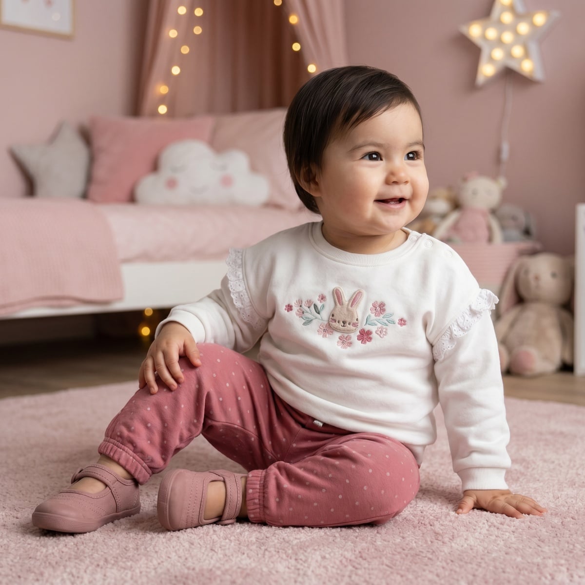 Baby Girls White Cotton Blend Bunny And Floral Applique Sweatshirt Regular Fit Casual Wear