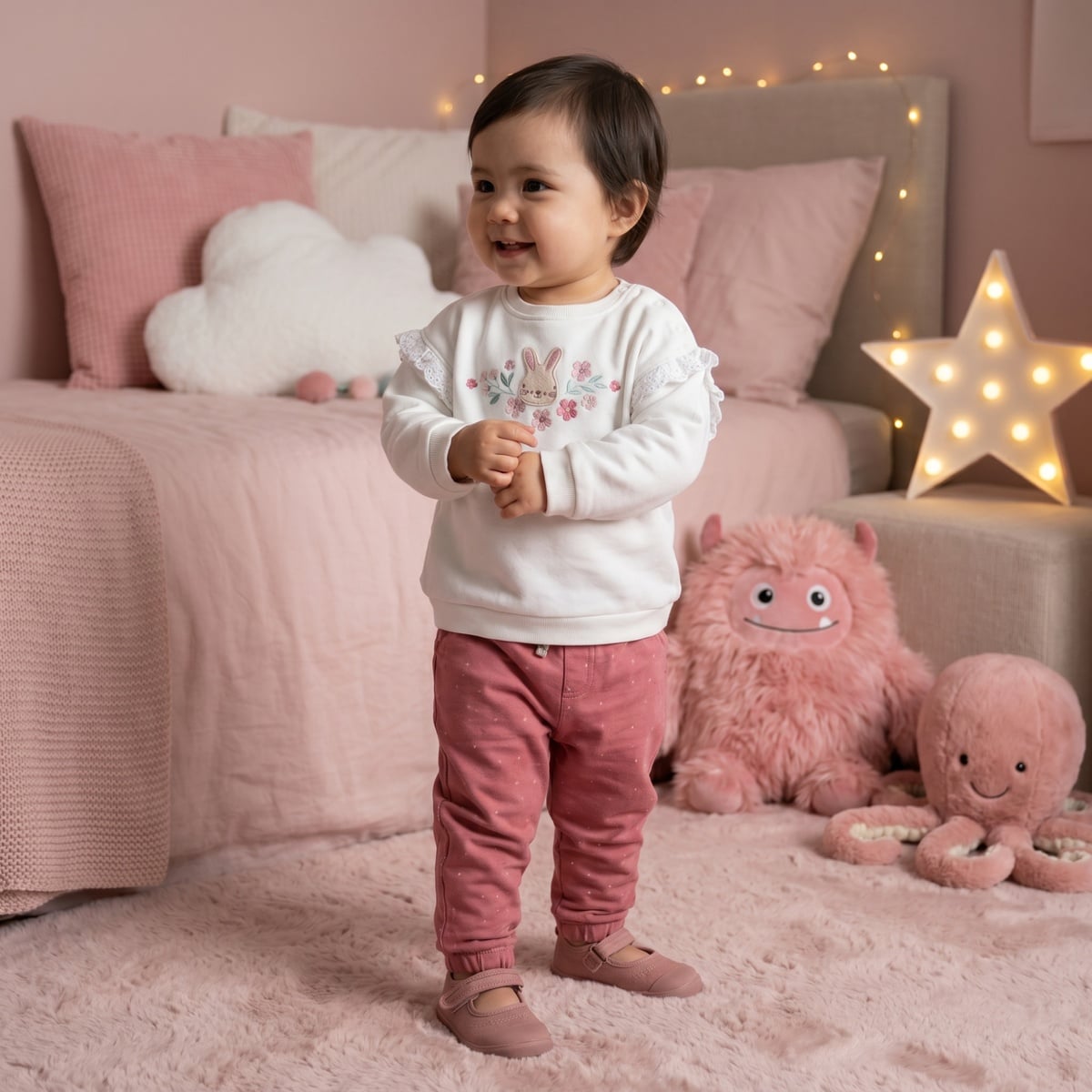 Baby Girls White Cotton Blend Bunny And Floral Applique Sweatshirt Regular Fit Casual Wear