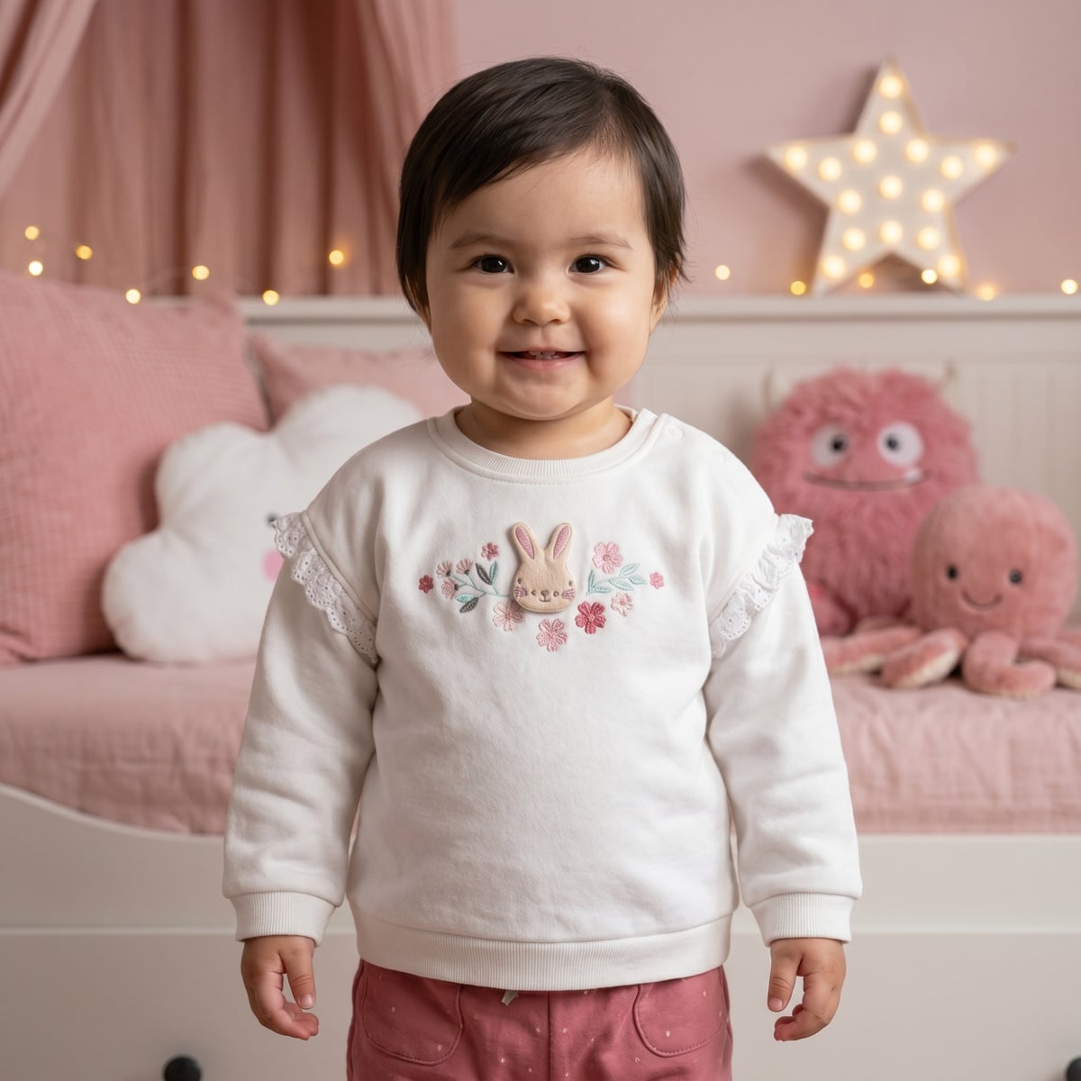 Baby Girls White Cotton Blend Bunny And Floral Applique Sweatshirt Regular Fit Casual Wear