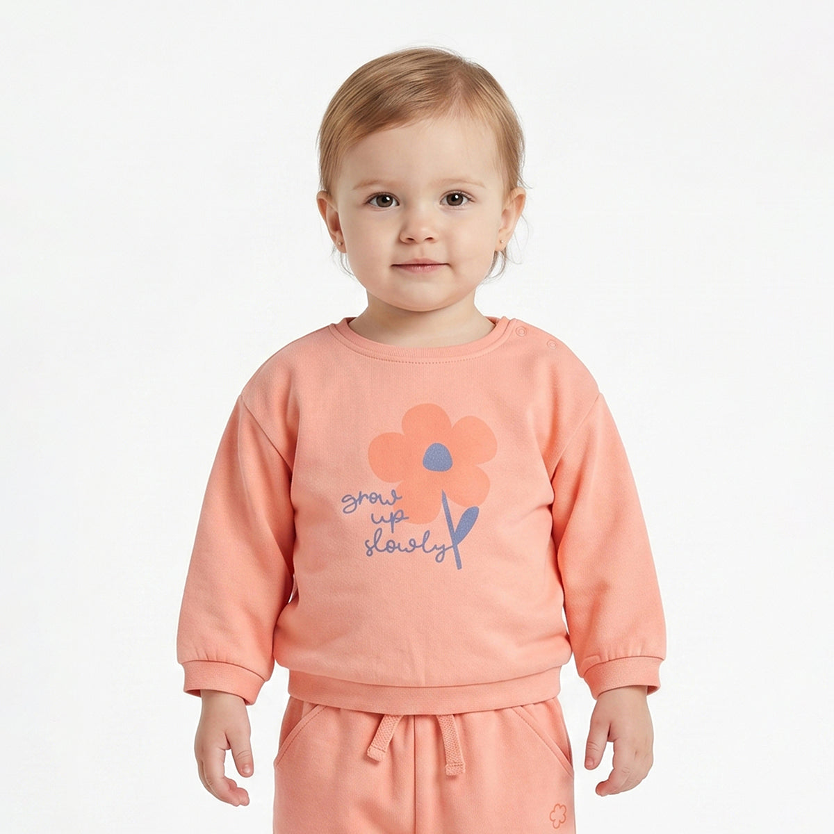 Baby Girls Peach Printed Sweatshirt Regular Fit.