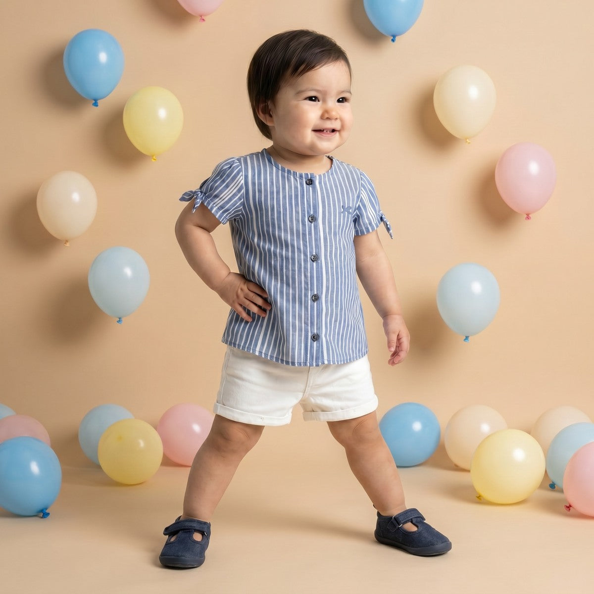 Baby Girls Off White Cotton Denim Floral Embroidered Shorts Regular Fit Casual Wear