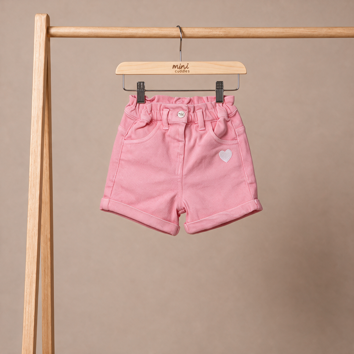 Baby Girls Pink Cotton Blend Heart Embroidered Denim Shorts Regular Fit Casual Wear