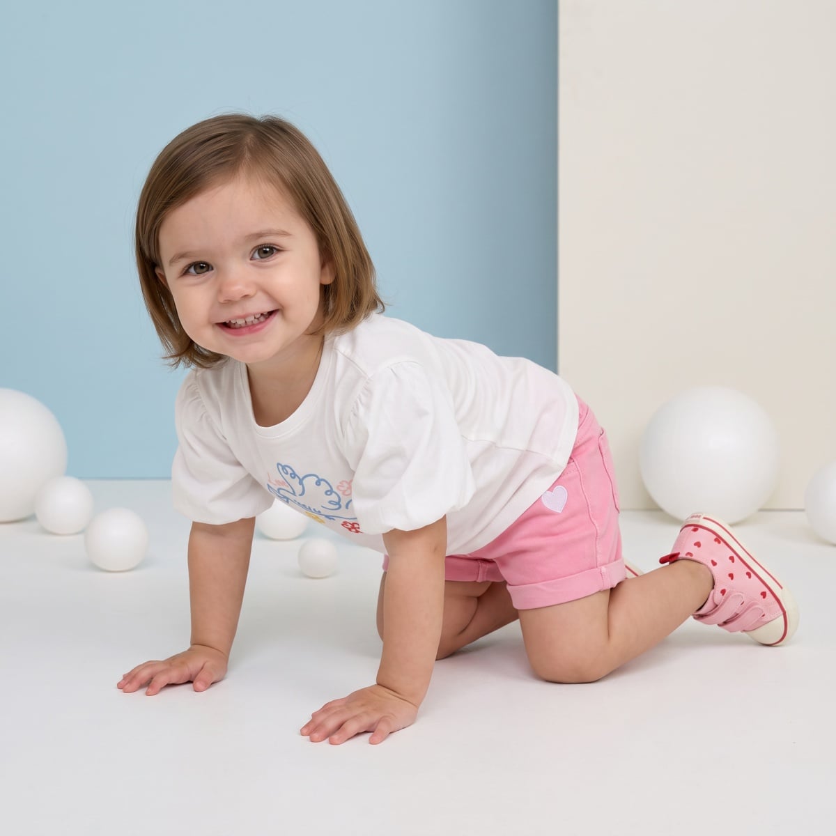 Baby Girls Pink Cotton Blend Heart Embroidered Denim Shorts Regular Fit Casual Wear