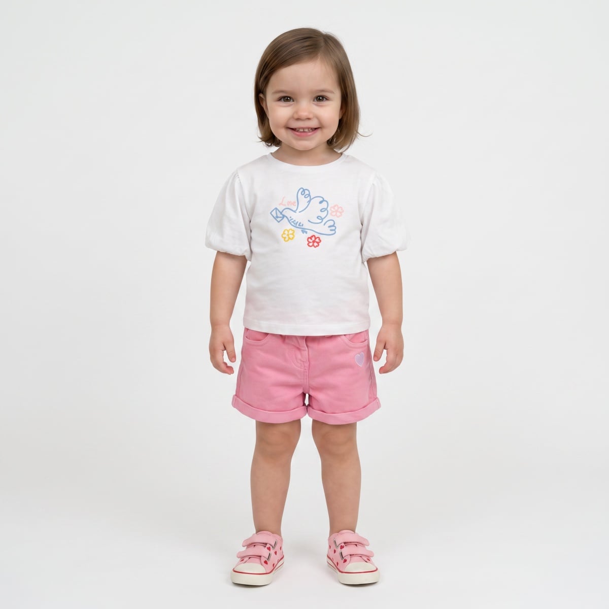 Baby Girls Pink Cotton Blend Heart Embroidered Denim Shorts Regular Fit Casual Wear