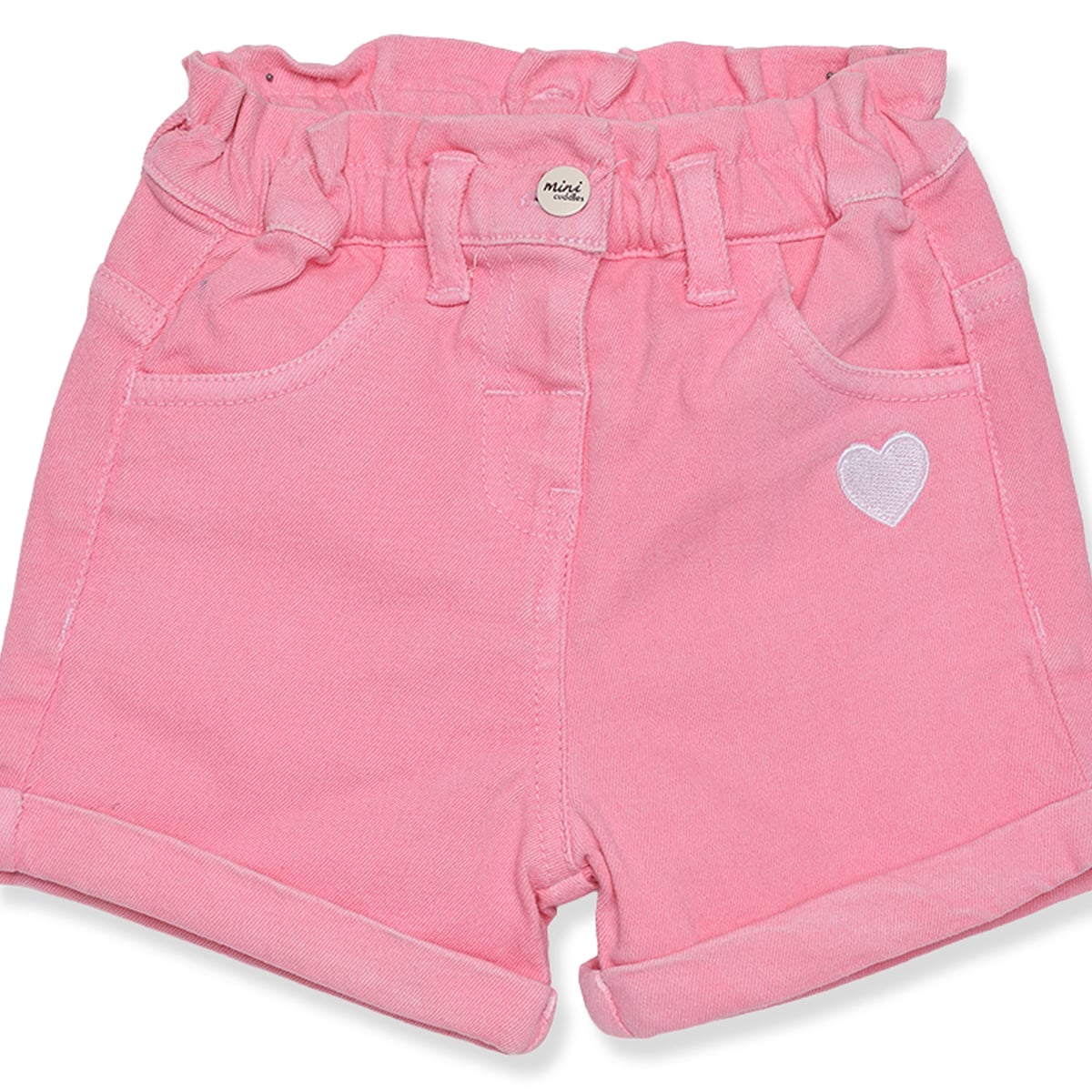 Baby Girls Pink Cotton Blend Heart Embroidered Denim Shorts Regular Fit Casual Wear