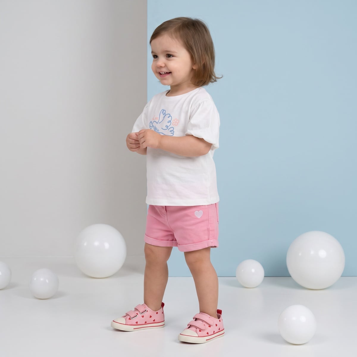 Baby Girls Pink Cotton Blend Heart Embroidered Denim Shorts Regular Fit Casual Wear