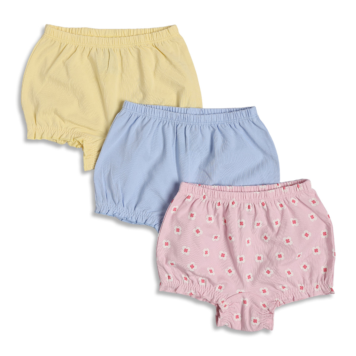 Baby Girls Solid and Printed Bloomer Shorts Pack of 3, Yellow Blue Pink