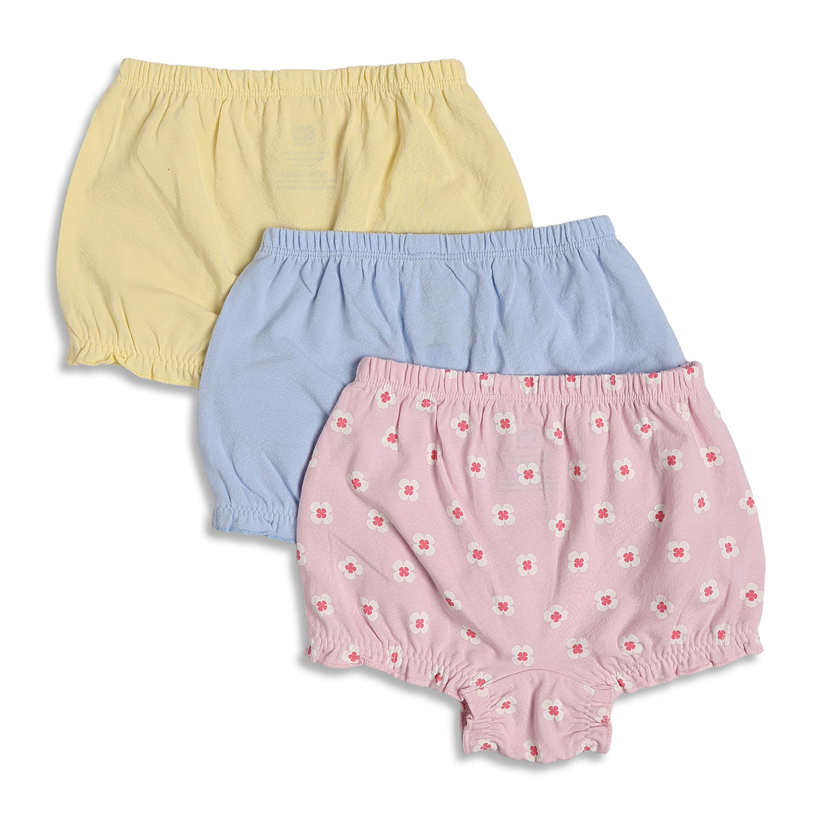 Baby Girls Solid and Printed Bloomer Shorts Pack of 3, Yellow Blue Pink