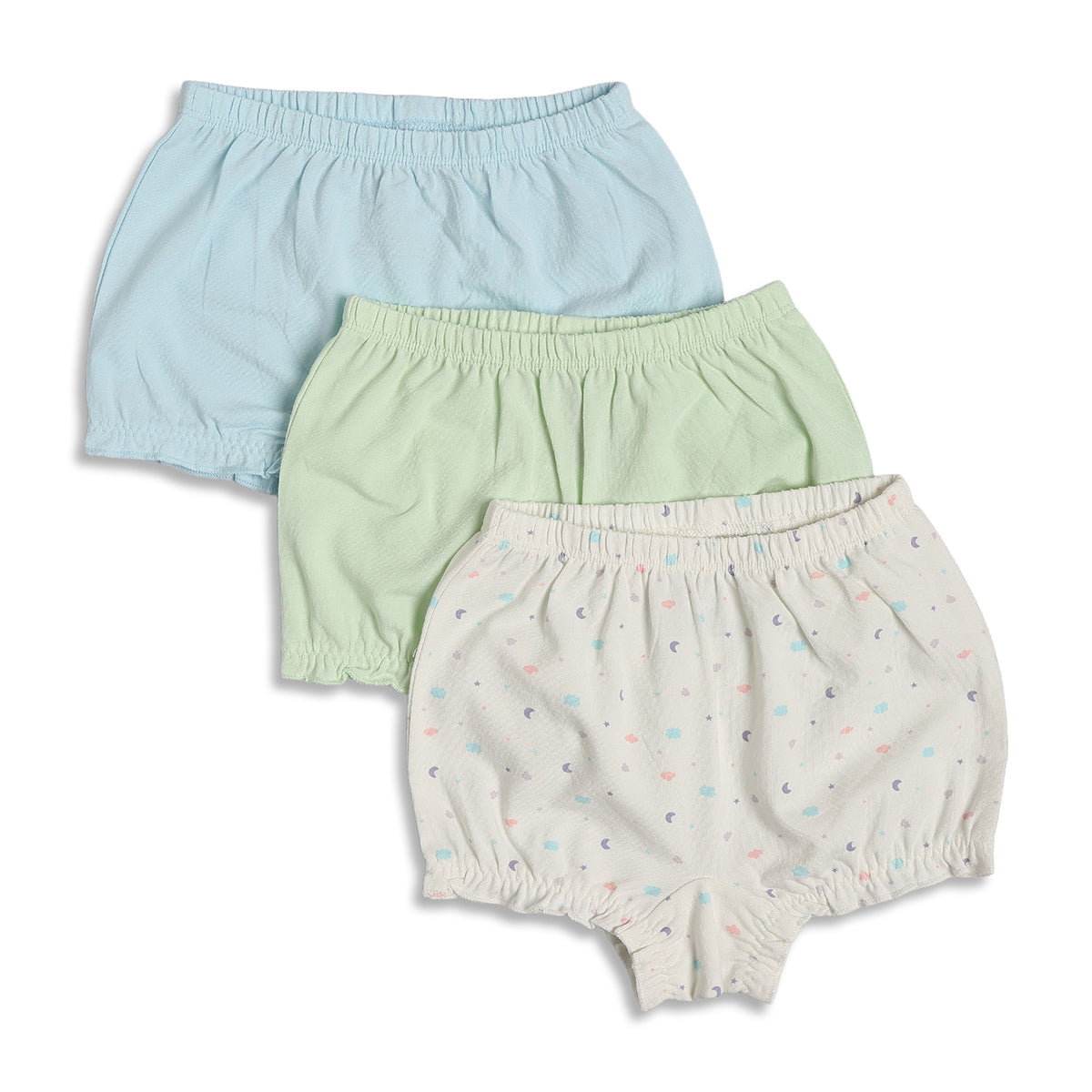 Baby Girls Solid and Printed Bloomer Shorts Pack of 3, Blue Green White