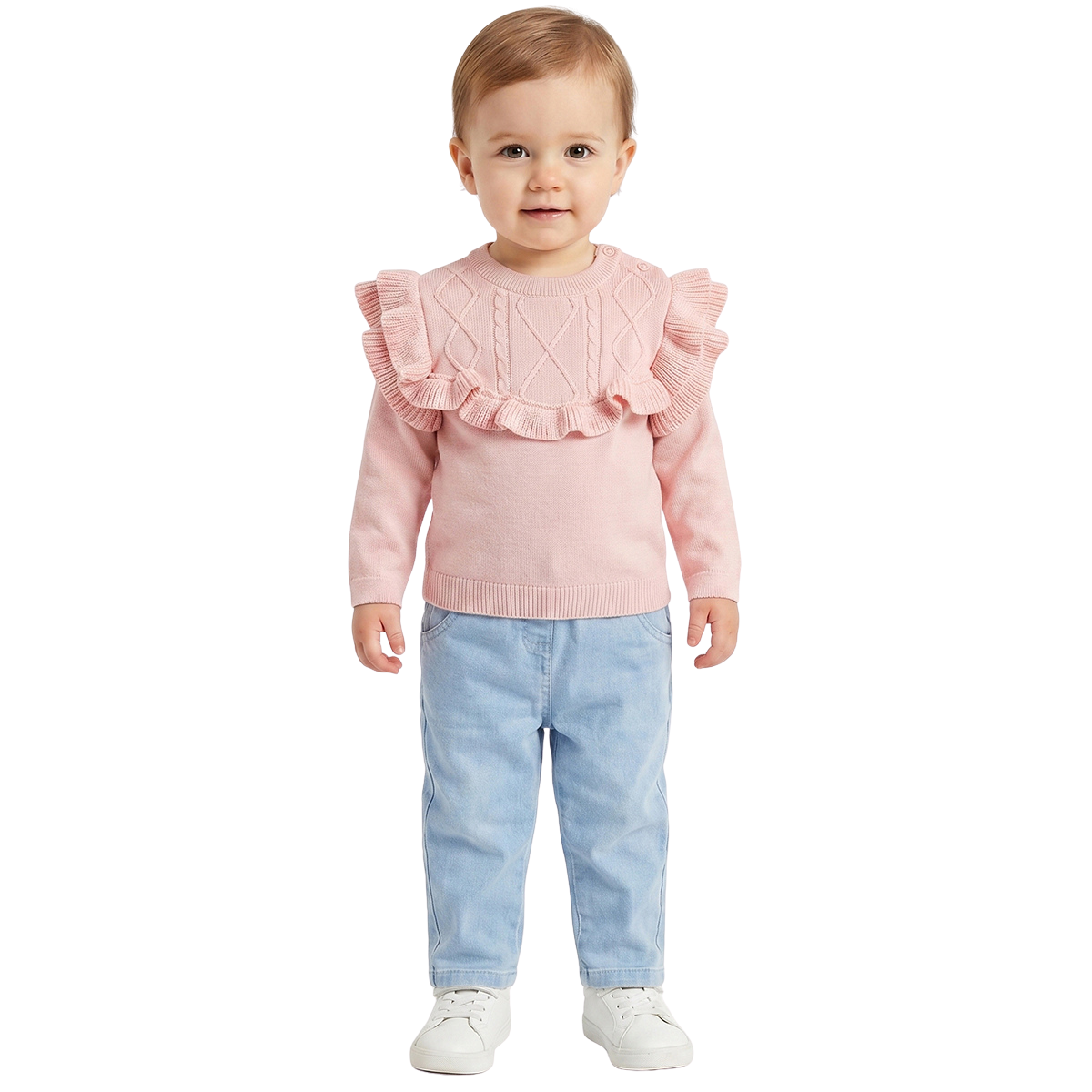Baby Girls Peach Ruffle Knit Sweater Regular Fit