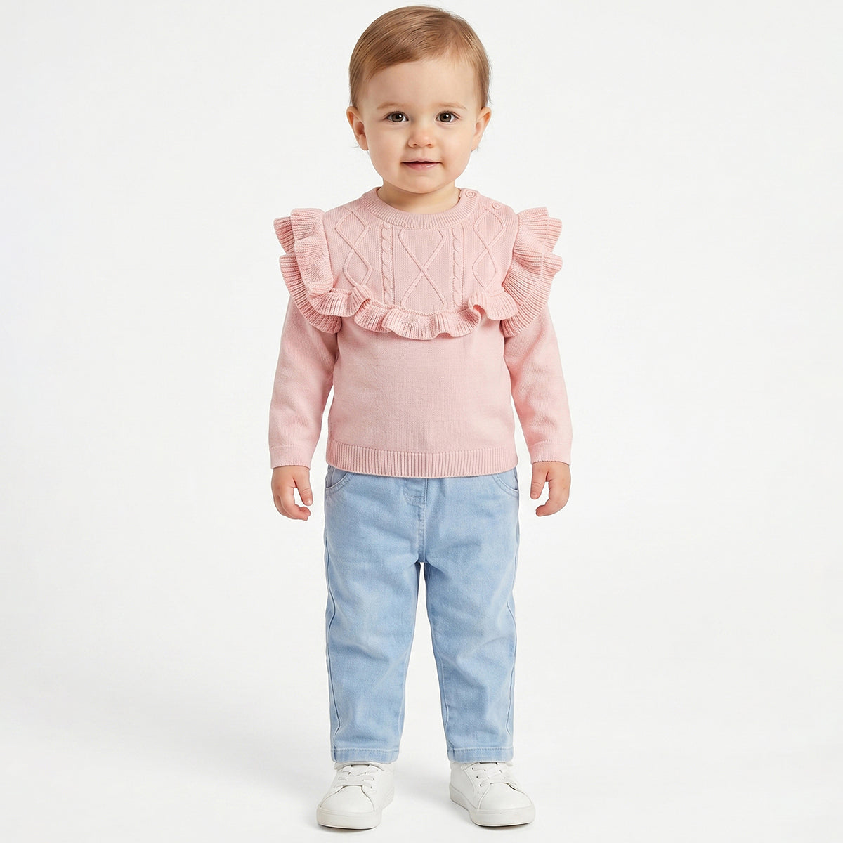 Baby Girls Peach Ruffle Knit Sweater Regular Fit.