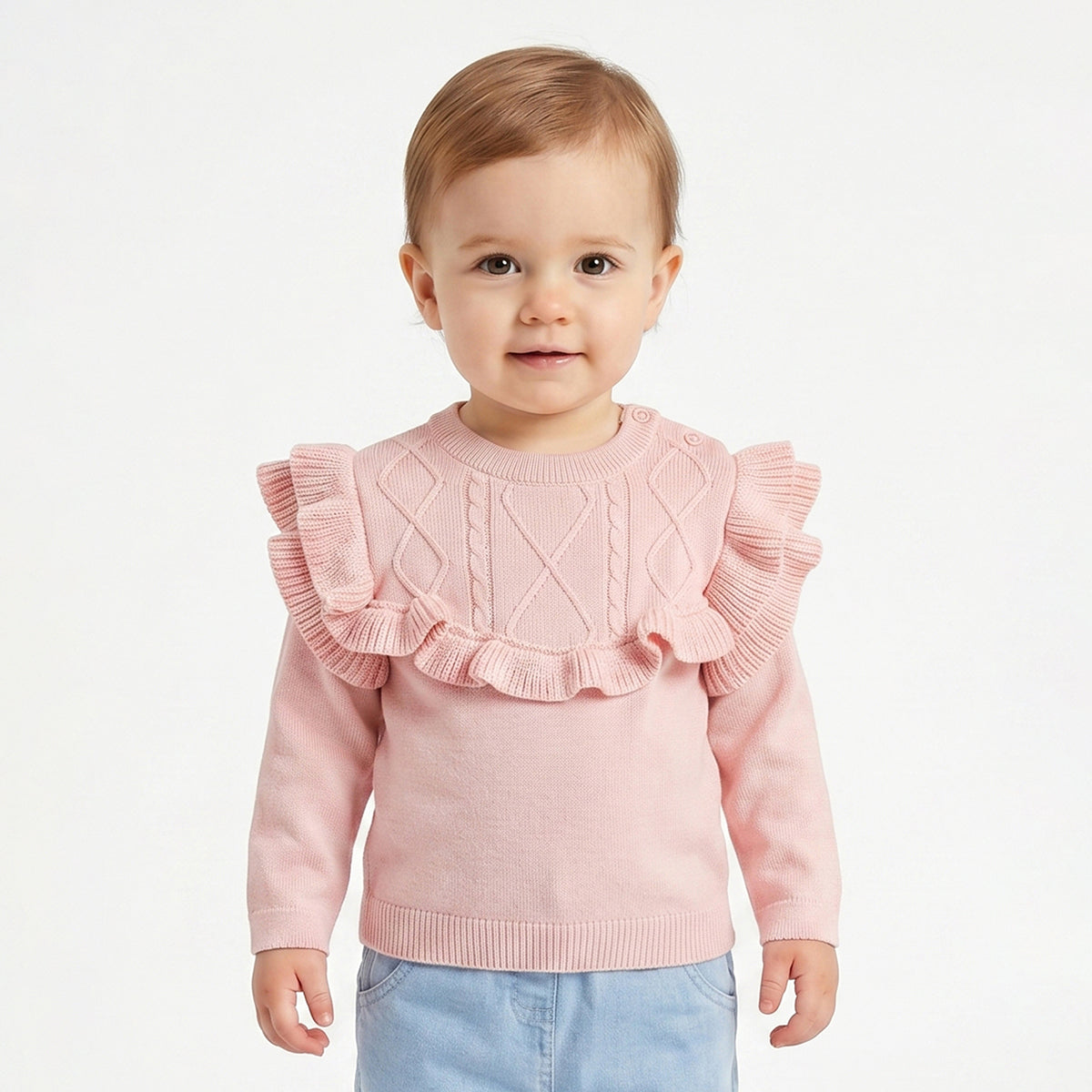 Baby Girls Peach Ruffle Knit Sweater Regular Fit.