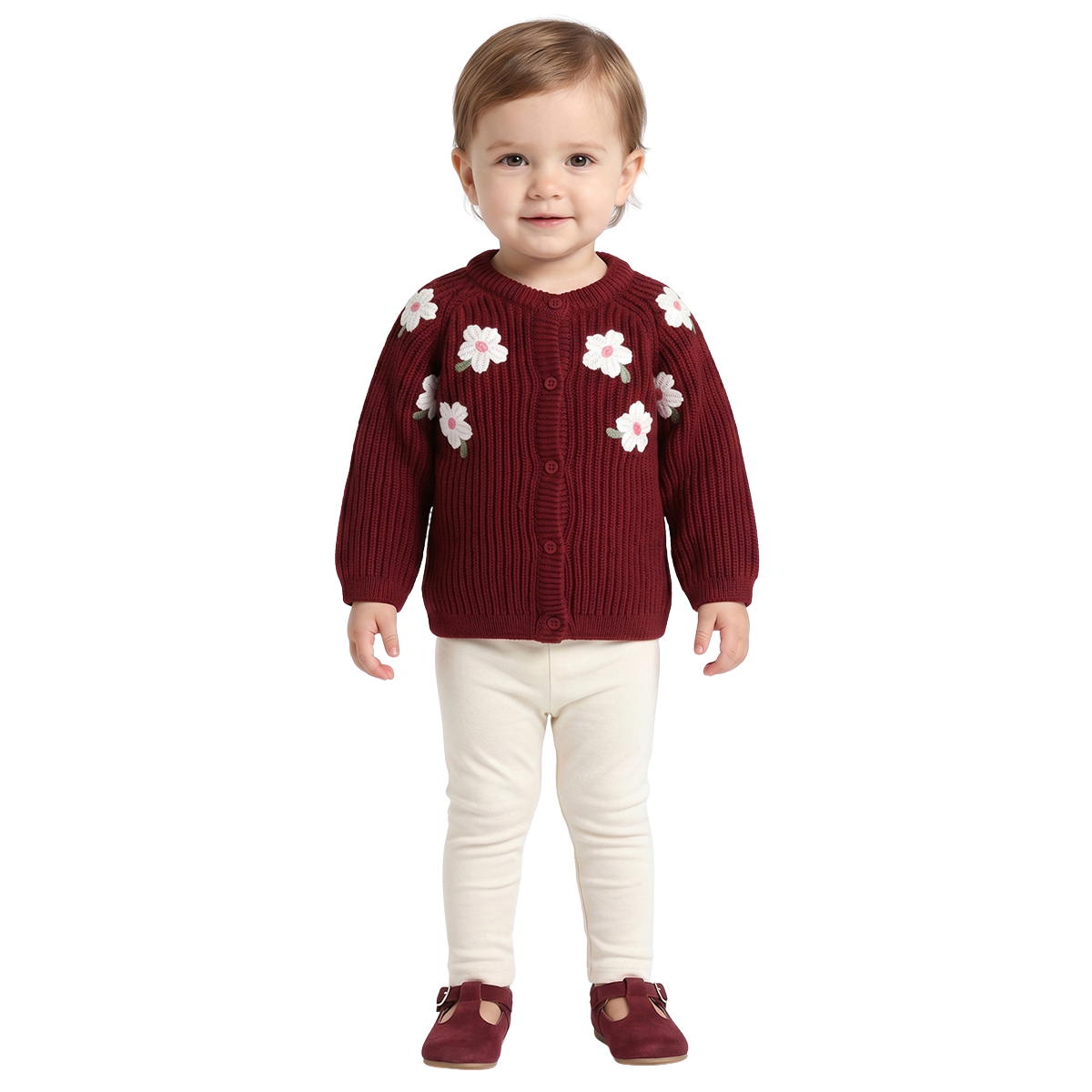 Baby Girls Maroon Floral Knit Shrug Regular Fit