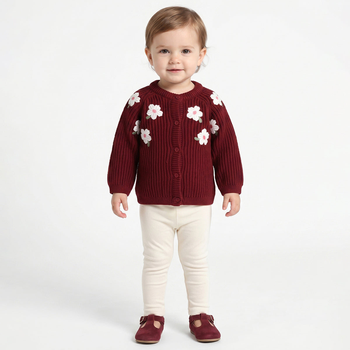 Baby Girls Maroon Floral Knit Shrug Regular Fit
