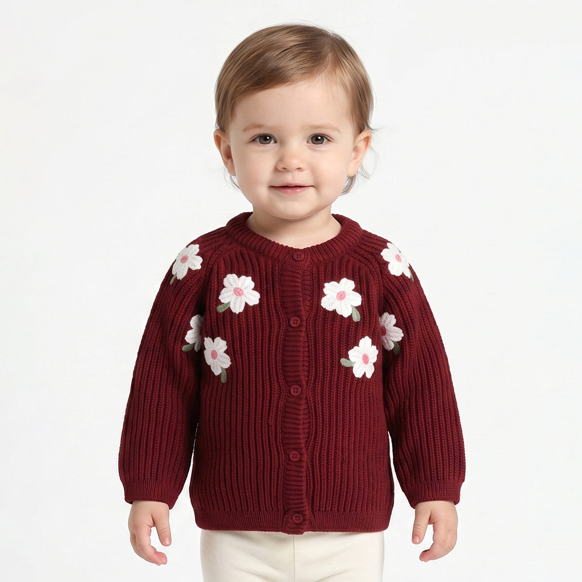 Baby Girls Maroon Floral Knit Shrug Regular Fit