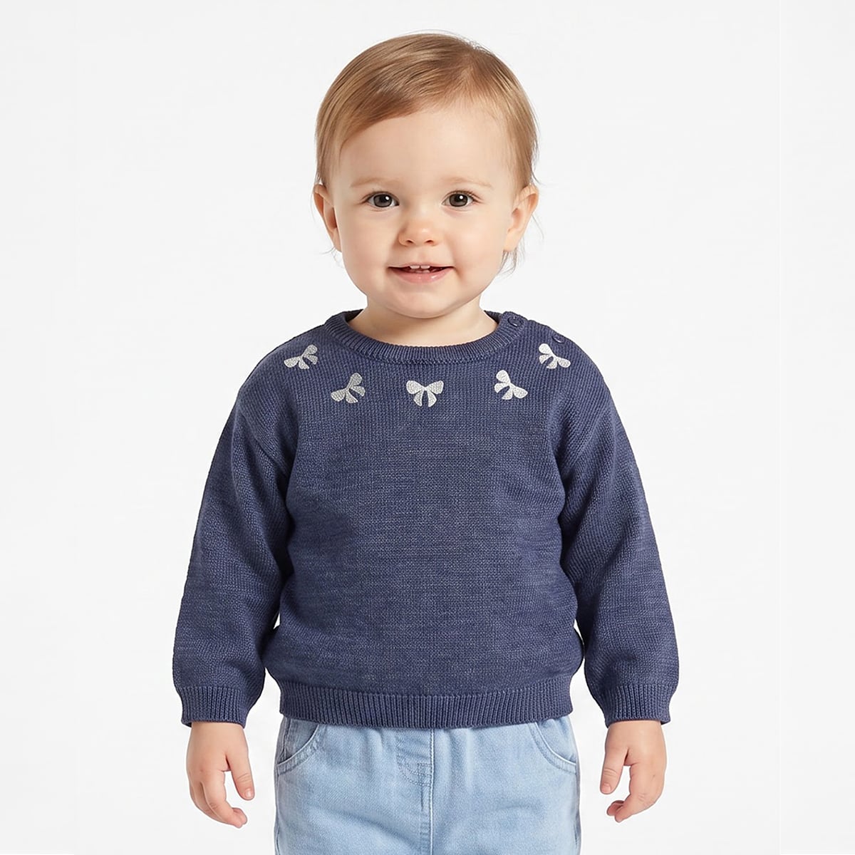 Baby Girls Blue Knitted Sweater Regular Fit Winter Wear