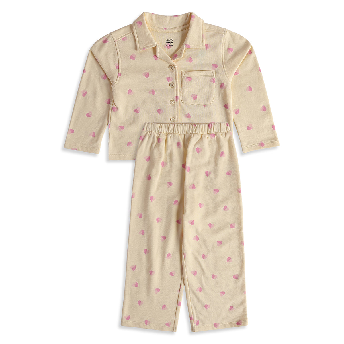 Baby Girls Cream Cotton Heart Print Sleepwear Set Regular Fit