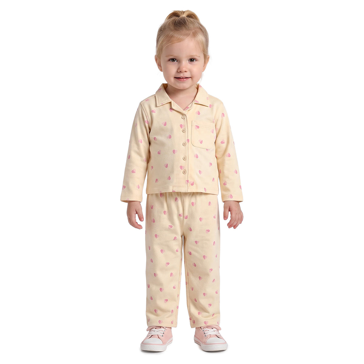 Baby Girls Cream Cotton Heart Print Sleepwear Set Regular Fit
