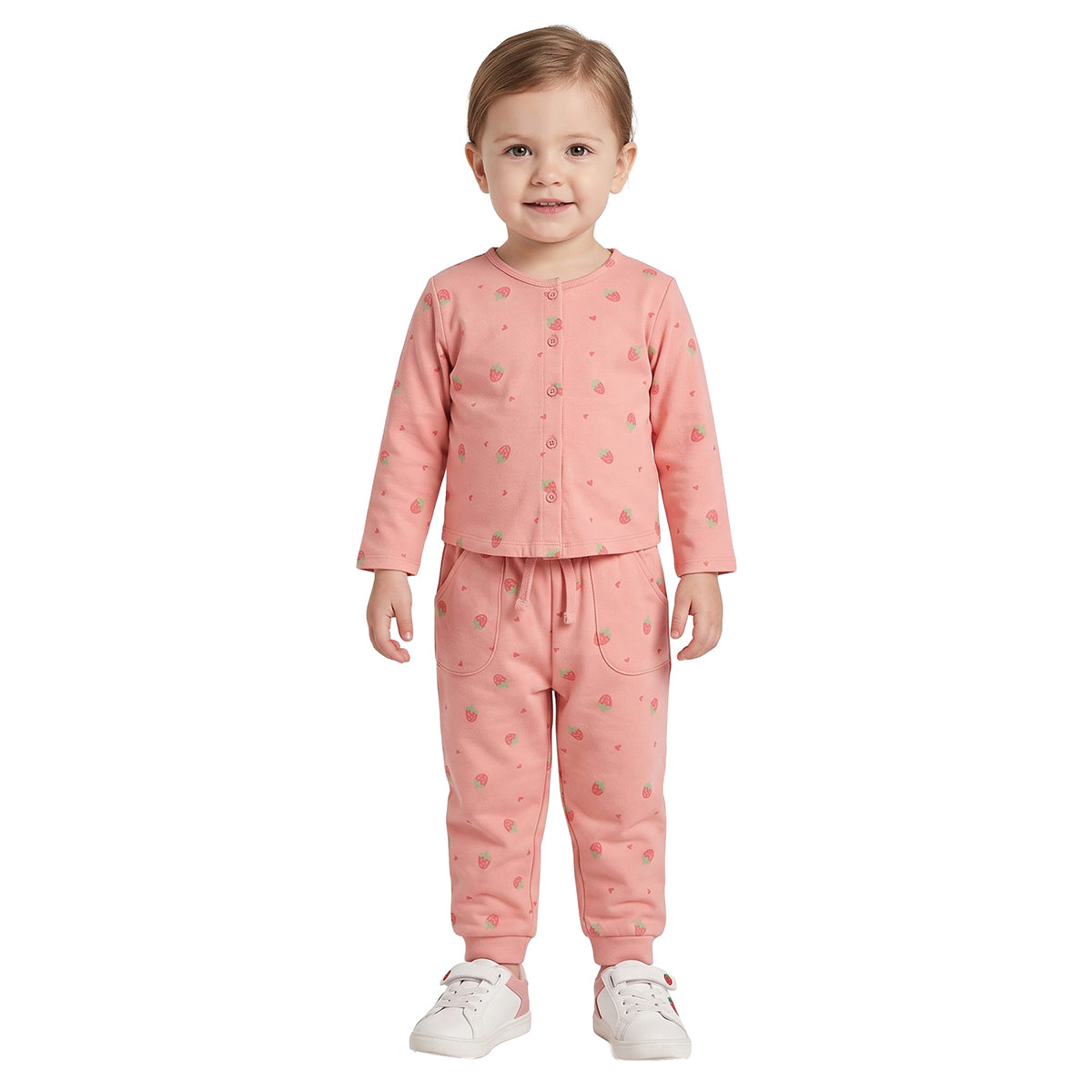 Girls Coral Pink Cotton Printed Sleepwear Set Regular Fit